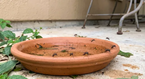 Several dark Aedes mosquitoes with white banded legs resting on the rim of a terracotta plant saucer holding standing water